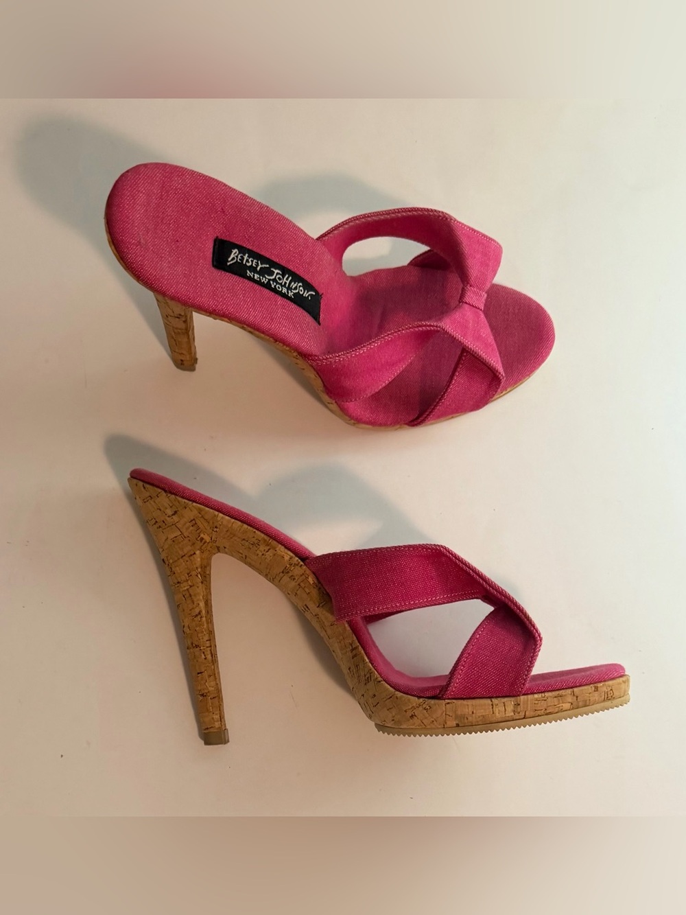 Betsey Johnson New York Pink Canvas Cork High Heel Mules - Size 8